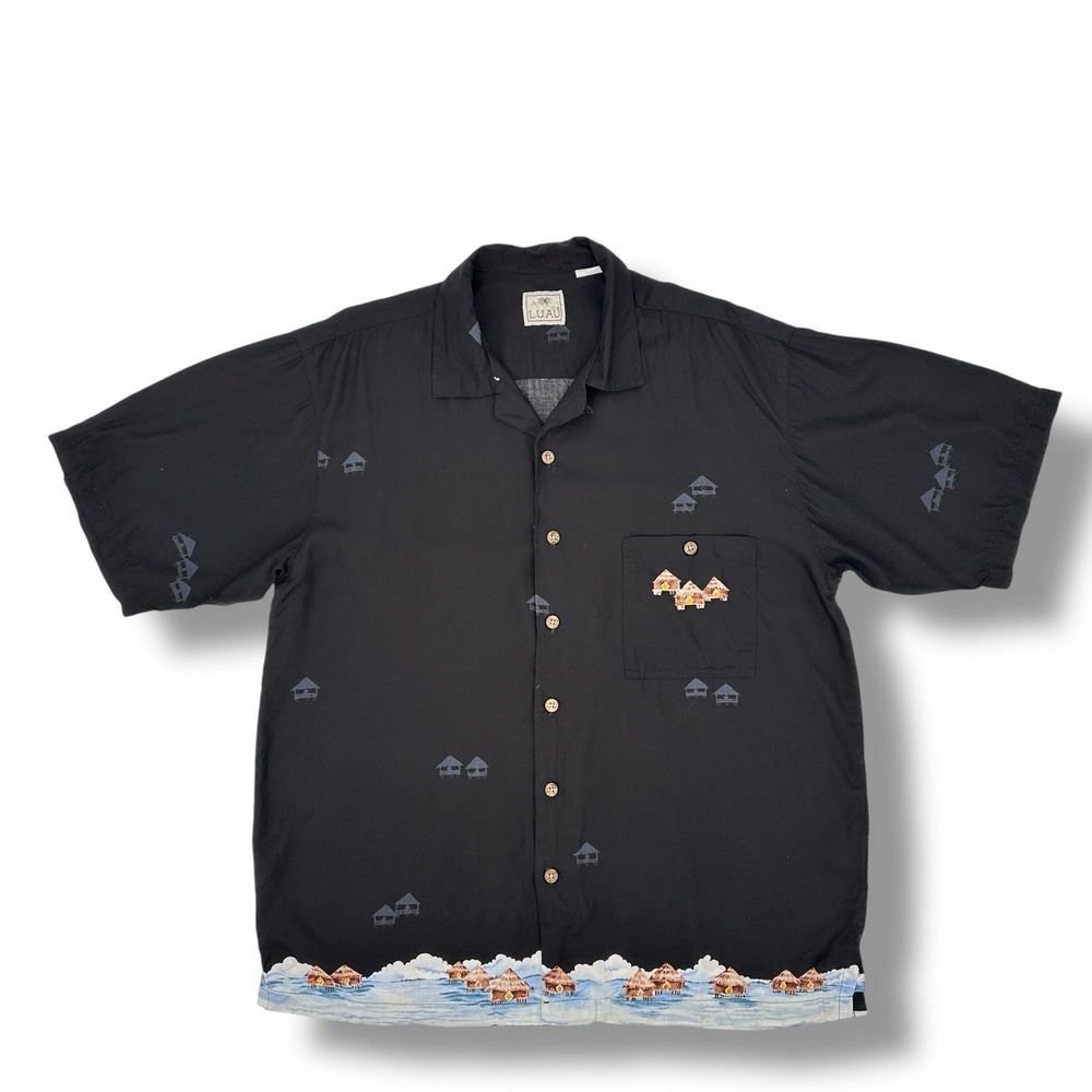 Luau Black Rayon Hawaiian‎ Shirt L Island Hut Border Print Y2K Camp Resort Vacay